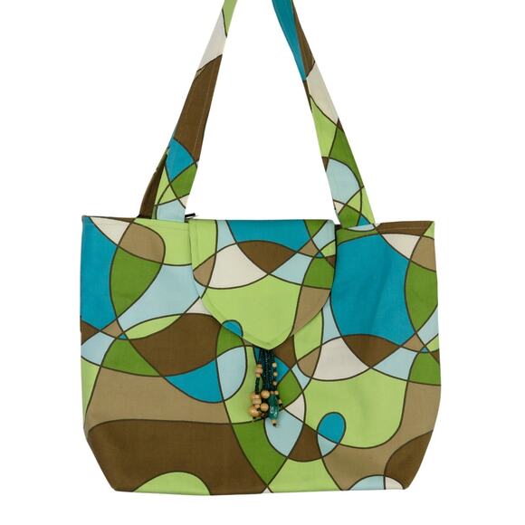 Y2k Vintage Suruchi Green & Blue Geometric Abstract Tote Shoulder Bag Beaded - Picture 2 of 11